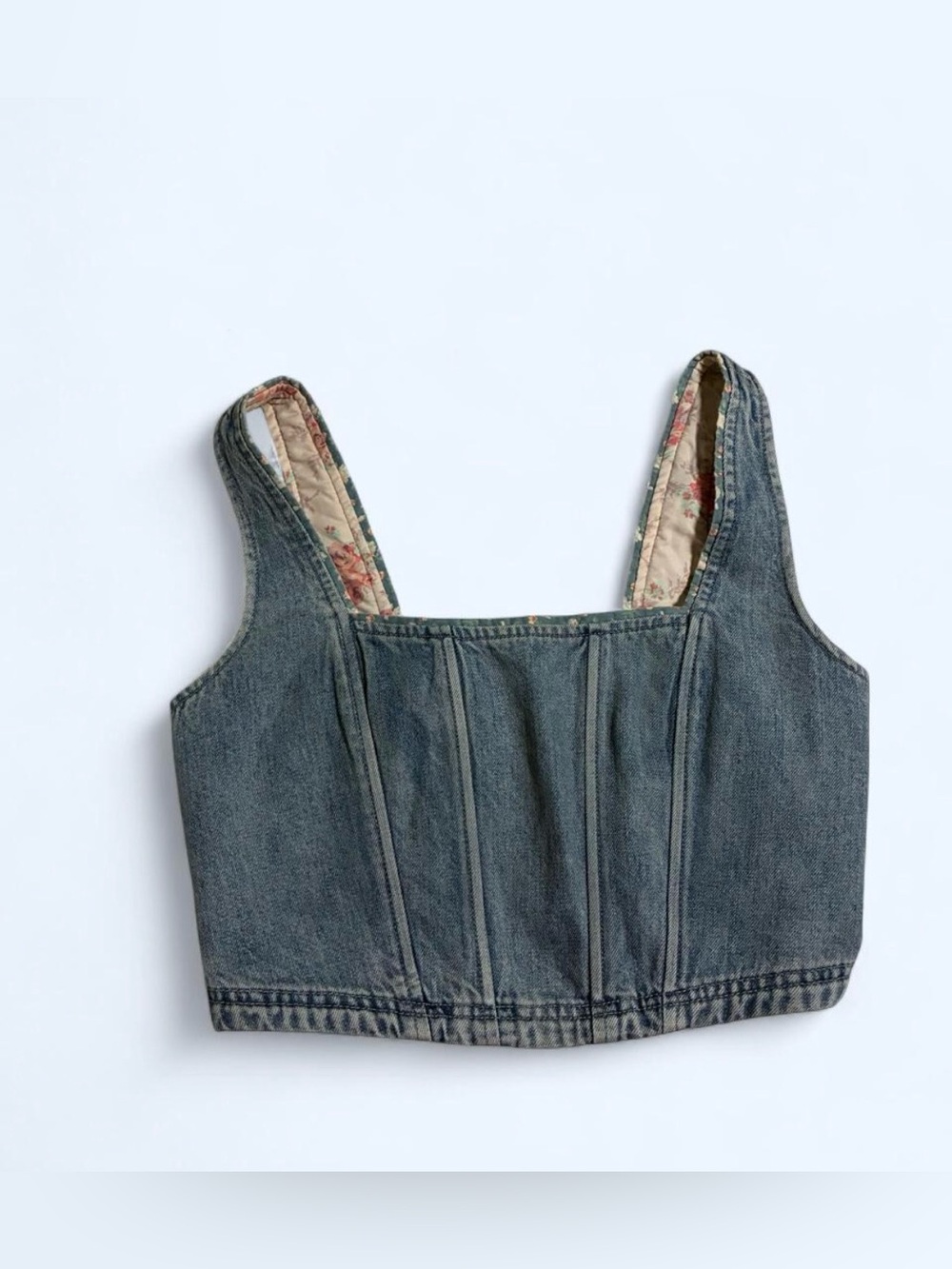 Lucky Brand Faded Blue Denim Crop Top with Floral-Lined Straps - size M